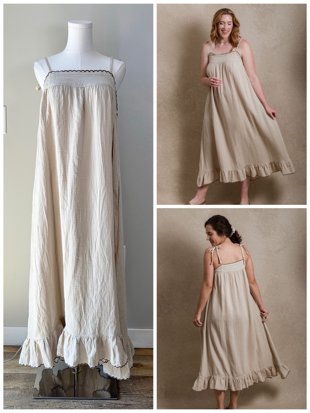 Neuflora The Newberry Light Beige Cotton Gauze Scallop Trim Midi Maxi Dress